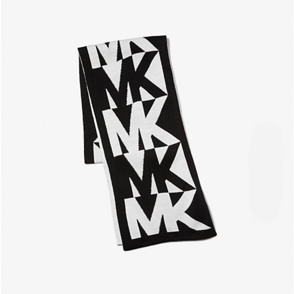 Michael Kors Logo Intarsia Knit Beanie & Scarf Set NWT Black White Pom NWT Gift main image 5